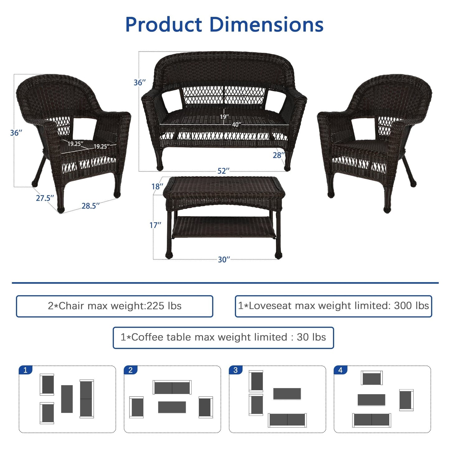 Ensemble de salon en osier pour terrasse, 4 pièces