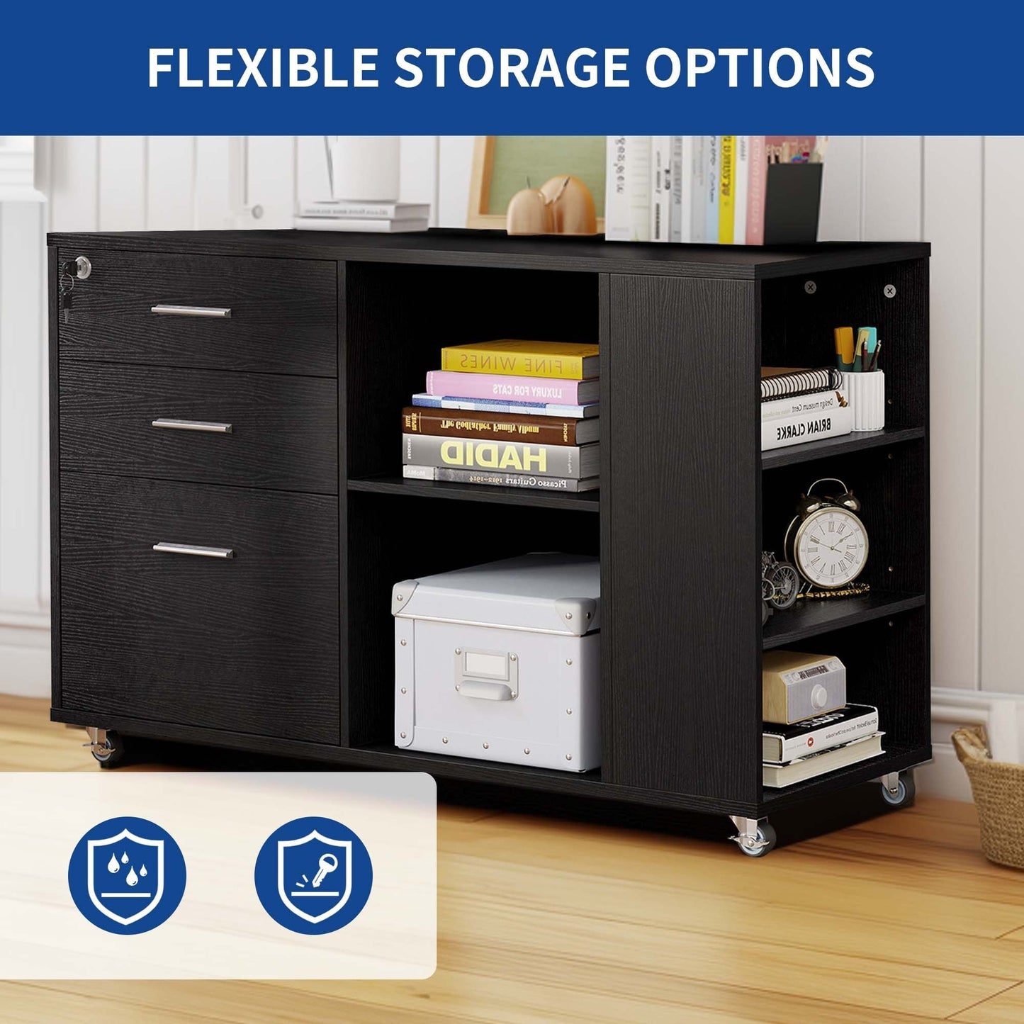 Wood File Cabinet with Charging Station Mobile Lateral Filing Cabinet Lockable Fits A4 Letter Legal Size Files