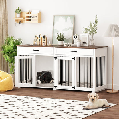 Wooden Double Dog Crate Kennel Furniture with 2 Drawers & Divider