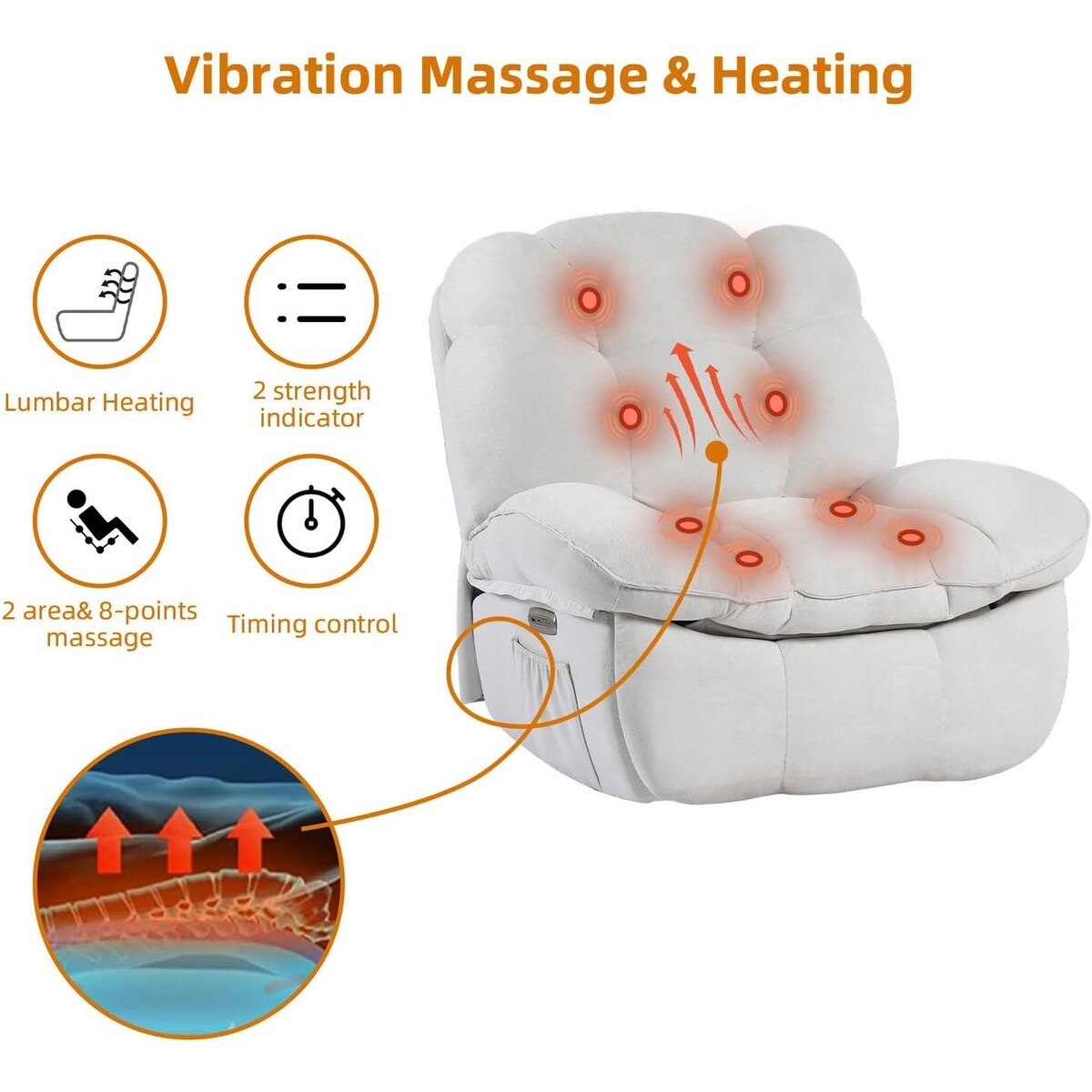 Fauteuil inclinable pivotant XINMICS, fauteuil inclinable oscillant massant avec chauffage, USB, USB-C et poche latérale