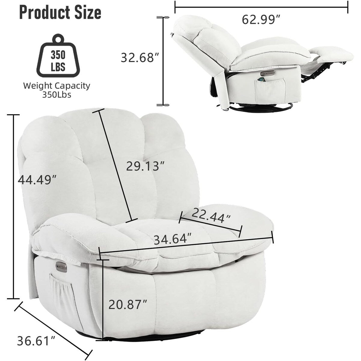 Fauteuil inclinable pivotant XINMICS, fauteuil inclinable oscillant massant avec chauffage, USB, USB-C et poche latérale