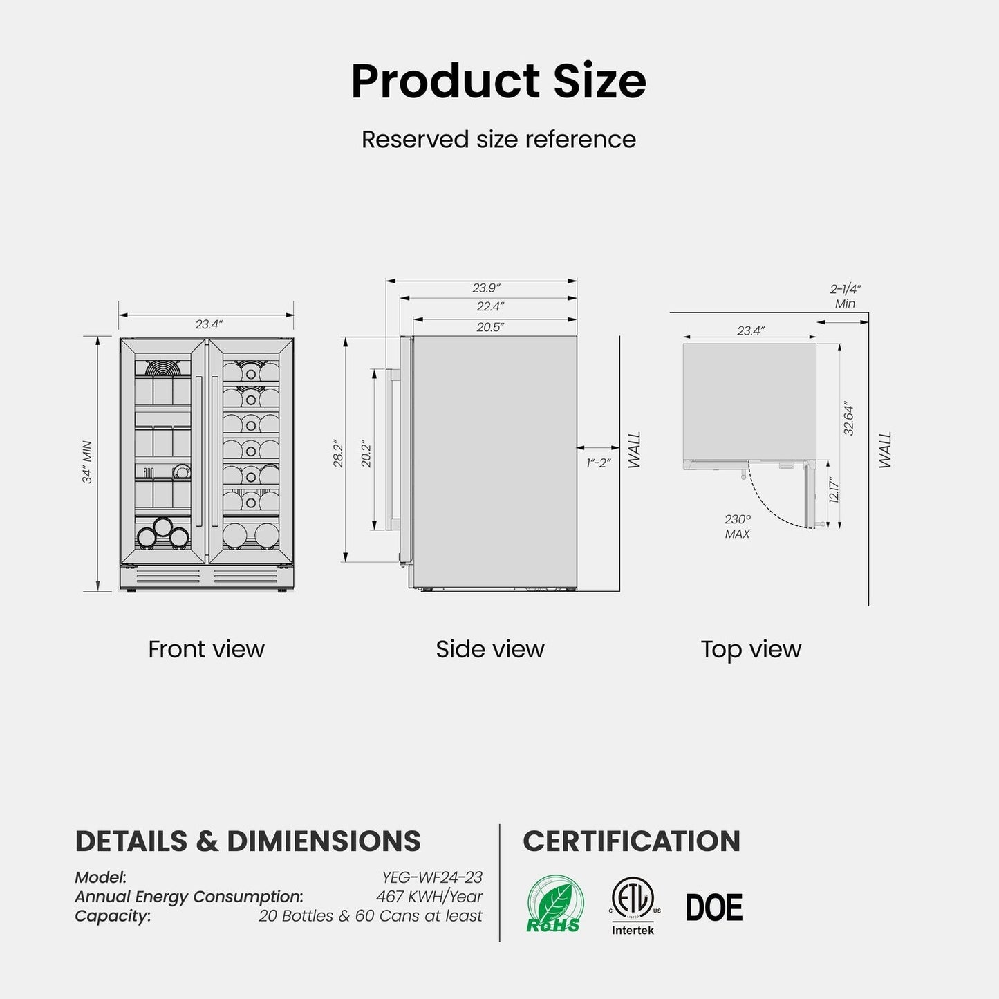Réfrigérateur à vin/boissons de 60 cm, 20 bouteilles/60 canettes, double zone - 60 cm