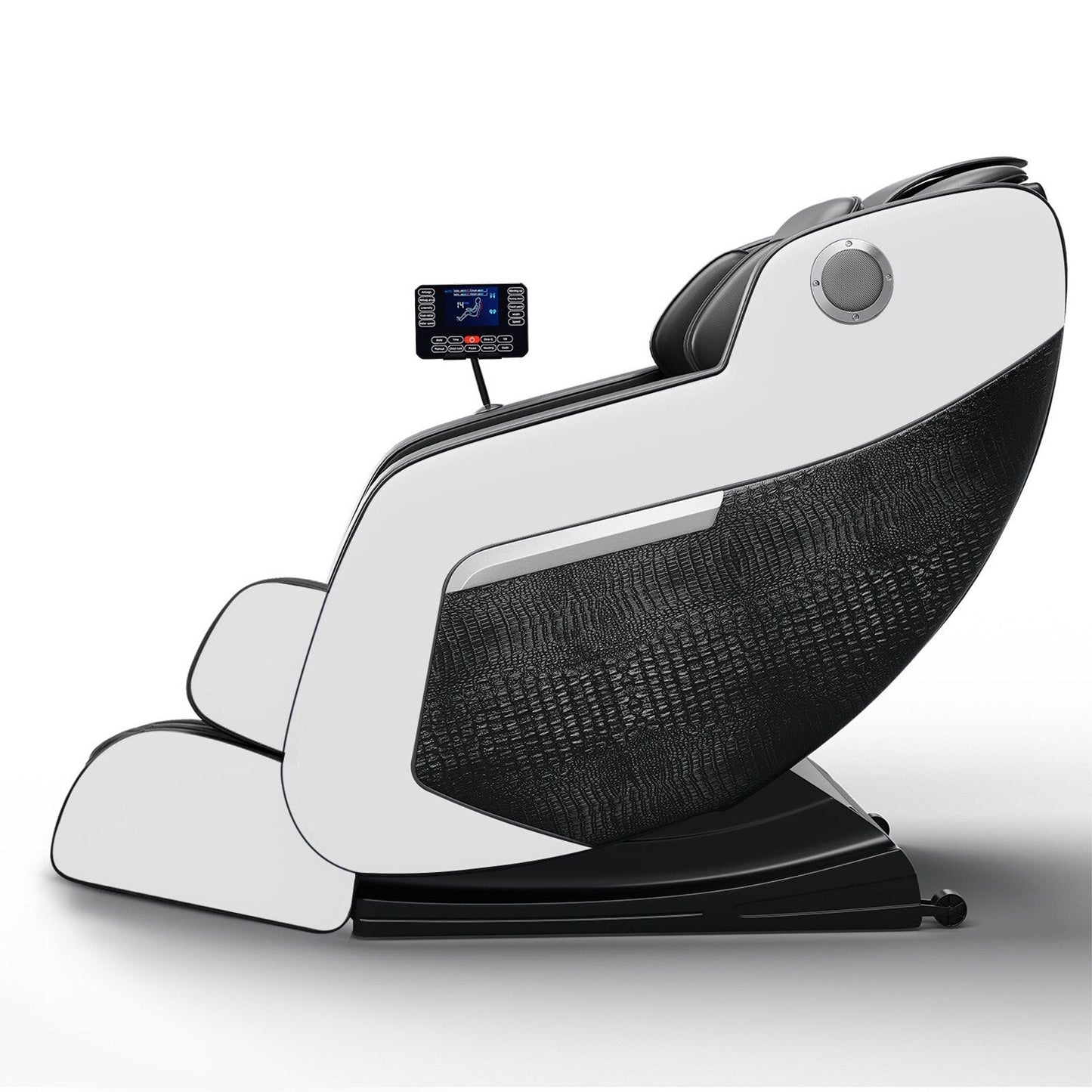 Fauteuil de massage inclinable à gravité zéro avec massage corporel complet, chauffage et audio Bluetooth intégré.