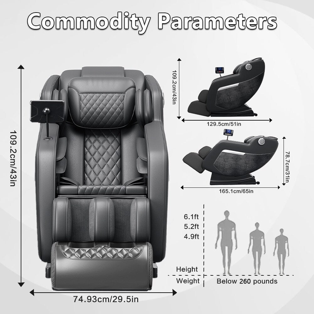 Fauteuil de massage inclinable à gravité zéro avec massage corporel complet, chauffage et audio Bluetooth intégré.