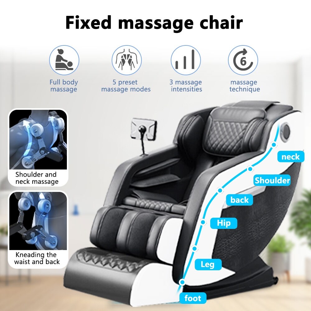 Fauteuil de massage inclinable à gravité zéro avec massage corporel complet, chauffage et audio Bluetooth intégré.
