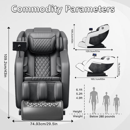 Fauteuil de massage inclinable à gravité zéro avec massage corporel complet, chauffage et audio Bluetooth intégré.