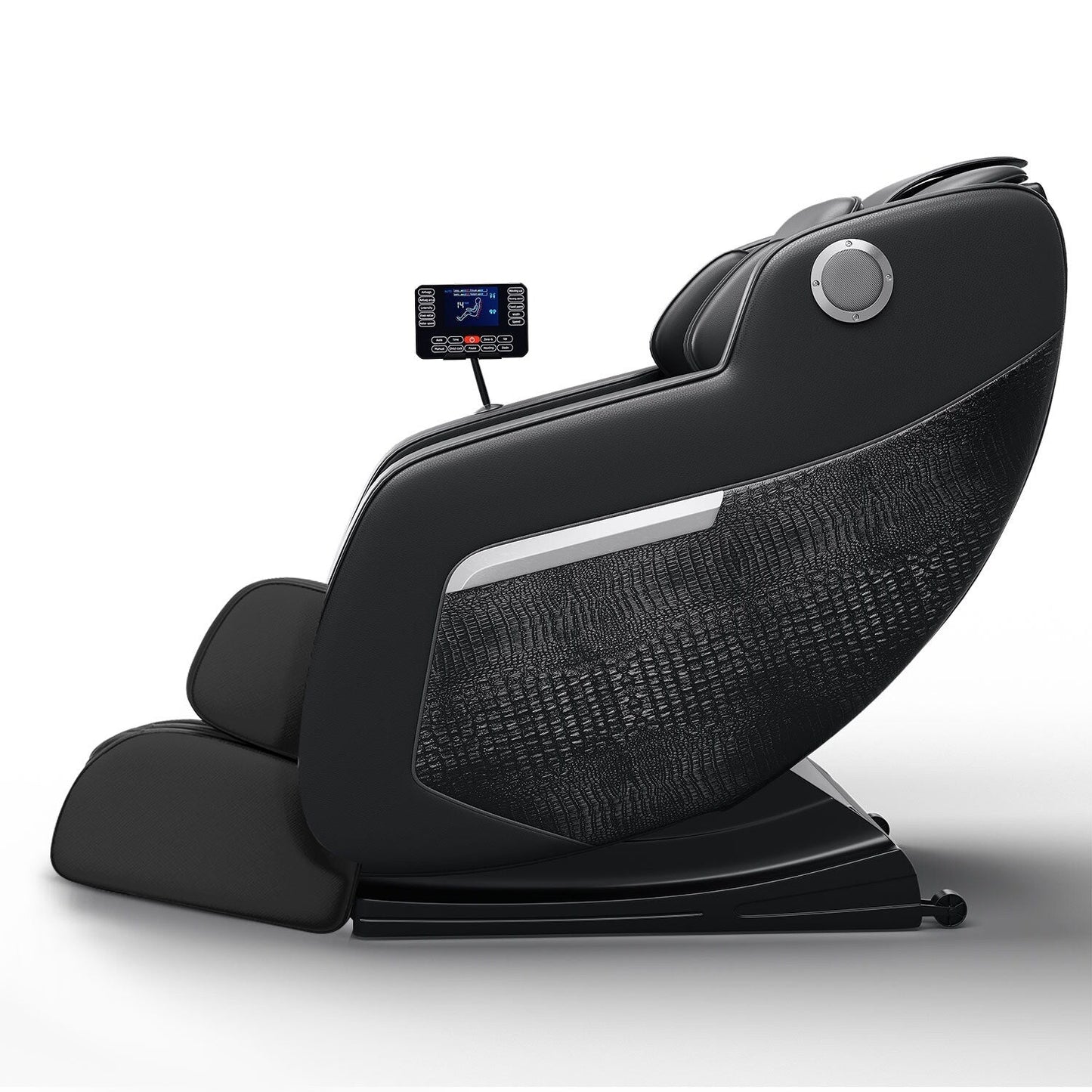 Fauteuil de massage inclinable à gravité zéro avec massage corporel complet, chauffage et audio Bluetooth intégré.